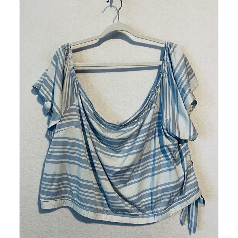 Torrid Top Womens 5X Blue White Striped Crop Off The Shoulder Beachy Boho